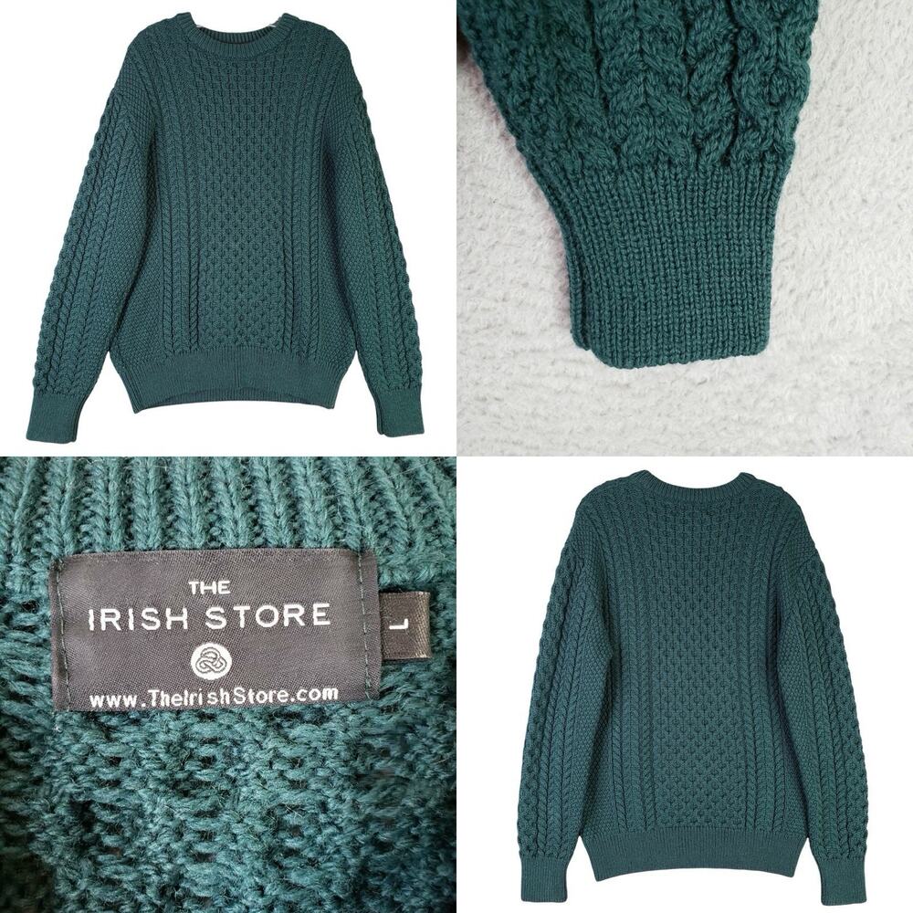 The Irish Store Green Crew Neck Aran Wool Sweater Size Large Pullover Chunky